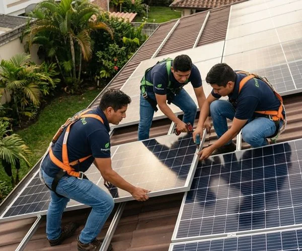 Equipo de ingenieros de EnergíaPura instalando paneles solares