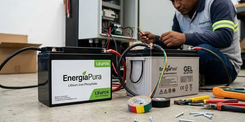Baterías LiFePO4 de litio junto a baterías de gel para comparación visual de tamaño