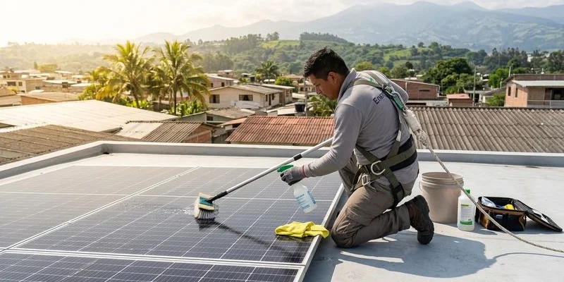 Técnico limpiando paneles solares con agua desmineralizada y herramientas especializadas